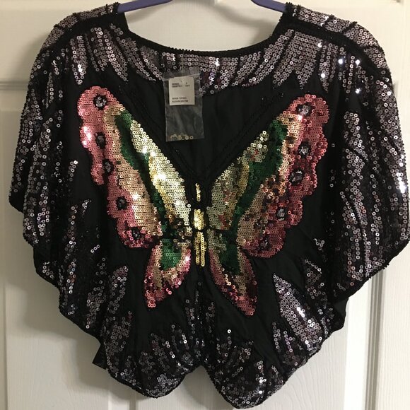 Forever 21 Vintage Butterfly Poncho Sequin Top - Showstopper Medium  Box Sw2 CL - Picture 2 of 10